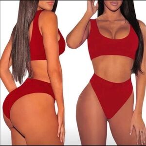 Red Classic Scoop Neck Cheeky High Cut High Waisted Two Piece Bikini Swimsuit